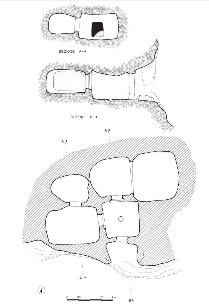 Planimetria della tomba n. 5 di Chirisconis con la coppella.