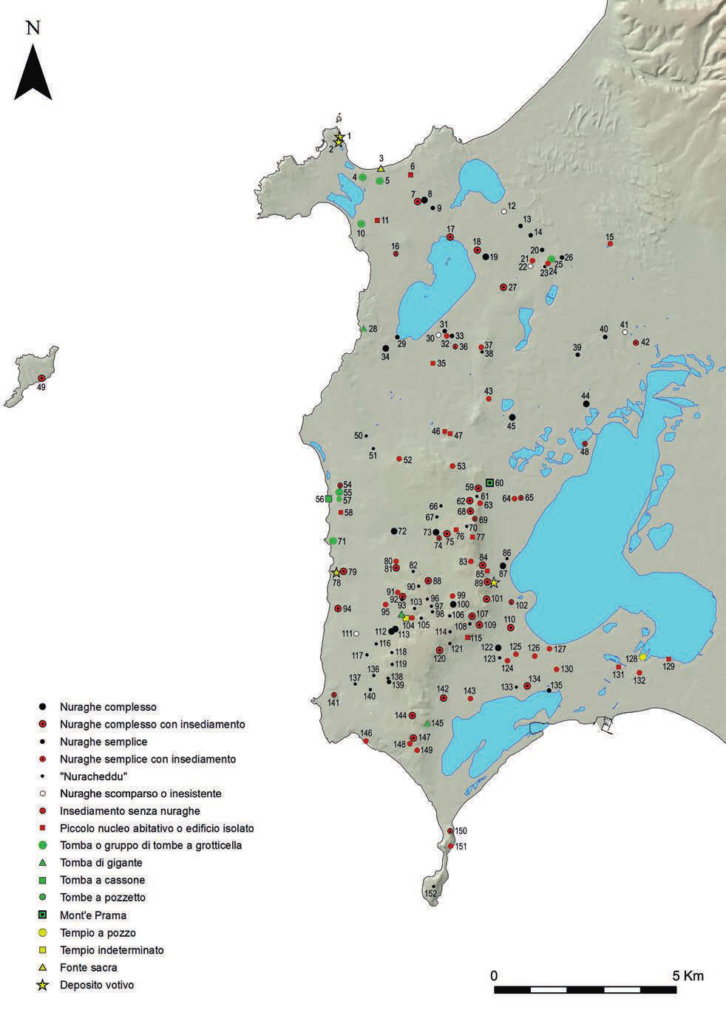 Distribuzione dei siti nuragici nel Sinis (fonte: Usai 2014, Tav. I, p. 33)