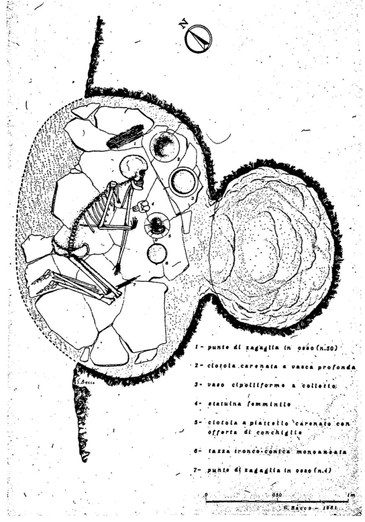 Planimetria della tomba 387 di Cuccuru is Arrius (da Santoni 1995, tav.I, p. 15)